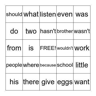 Tricky Word Bingo Card