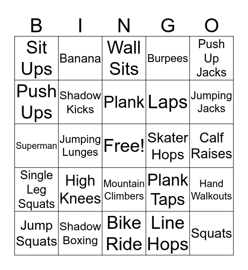 PE2 Fitness Bingo Card