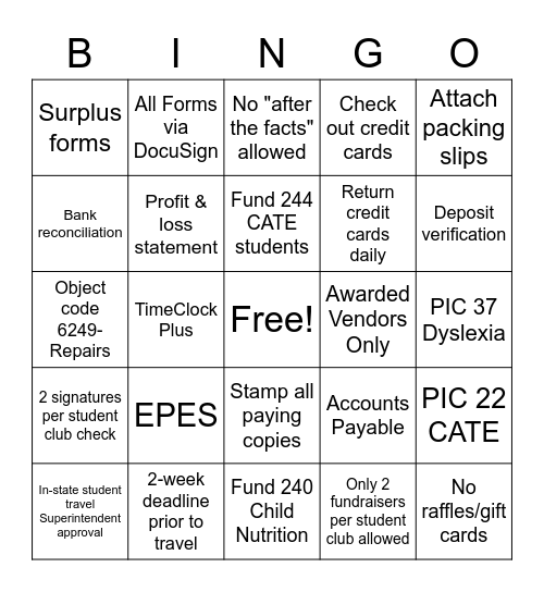 BUSINESS OFFICE Bingo Card