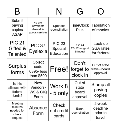 BUSINESS OFFICE Bingo Card