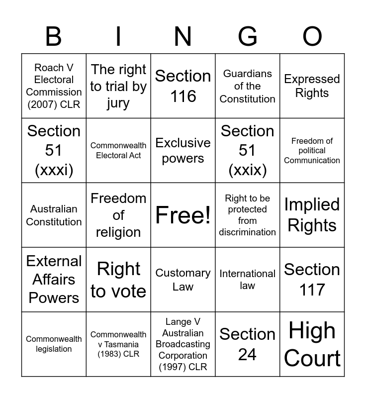 The Australian Constitution Bingo Card