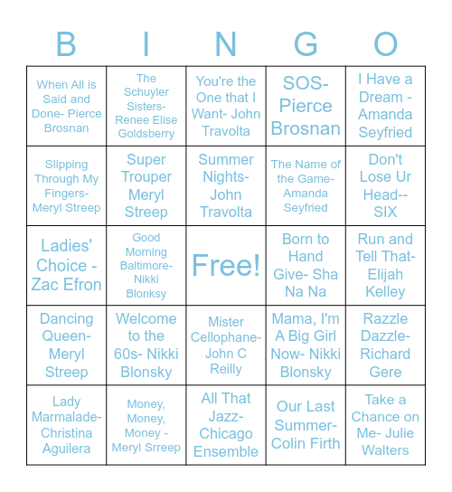 Mamma Mia & Musicals Bingo Card