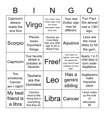 Zodiac Bingo Card