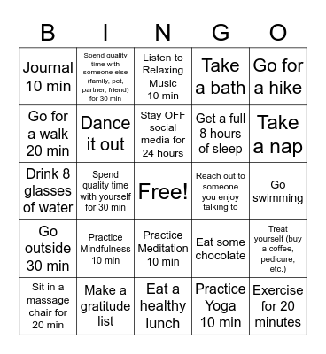 National Relaxation Day Bingo Card