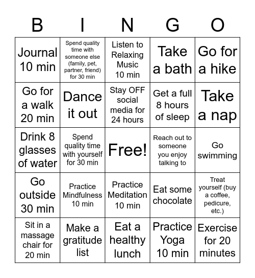 National Relaxation Day Bingo Card
