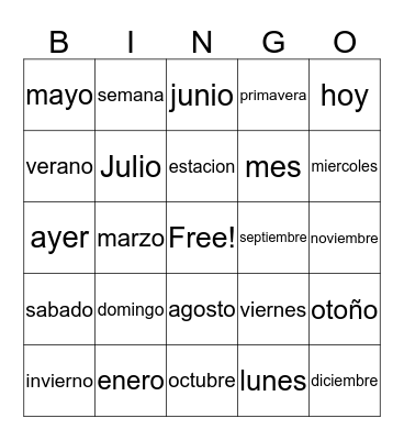 meses, dias, semanas Bingo Card