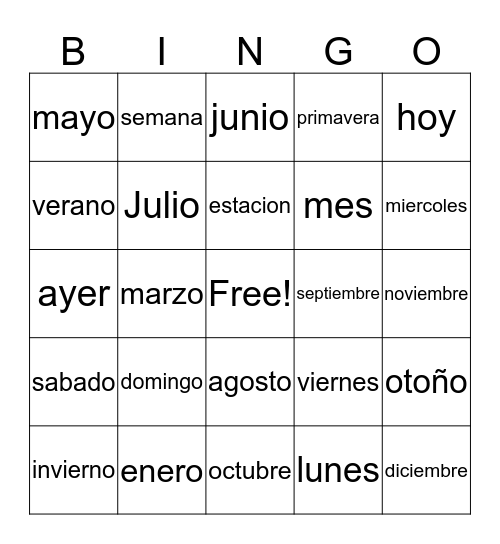 meses, dias, semanas Bingo Card
