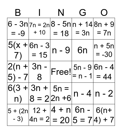 Translating Words To Math Bingo Card