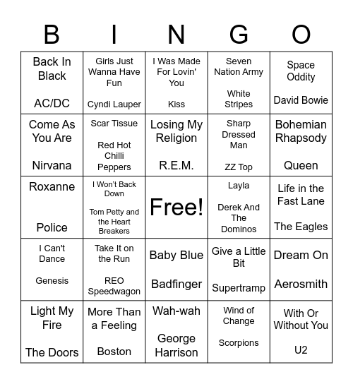 Music Bingo Rock 2 Bingo Card