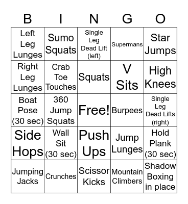 LAF Fitness Bingo Card