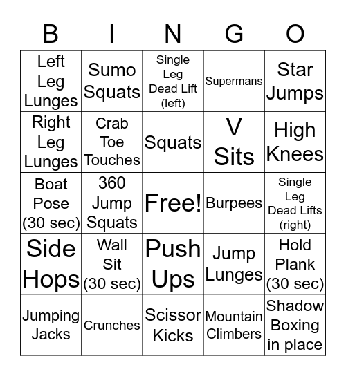 LAF Fitness Bingo Card