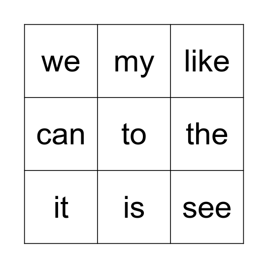 Sight Word Bingo Card