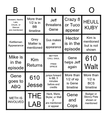 Better Call Saul: Breaking Bad 610 Bingo Card
