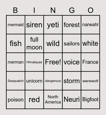 Cryptid Bingo Card