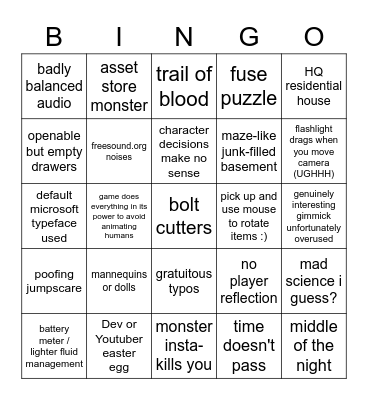 indie horror game bingo Card