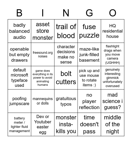 indie horror game bingo Card