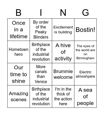 BBC WM CWG BINGO! Bingo Card