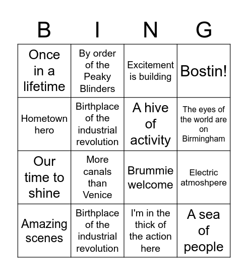 BBC WM CWG BINGO! Bingo Card