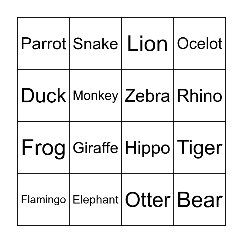 Zoo Bingo Card