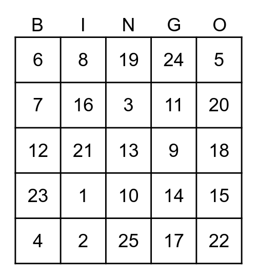 Number Bingo Card