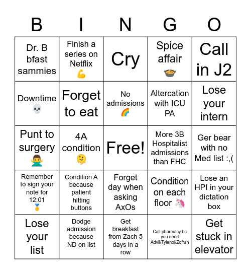 Night Float Bingo Card