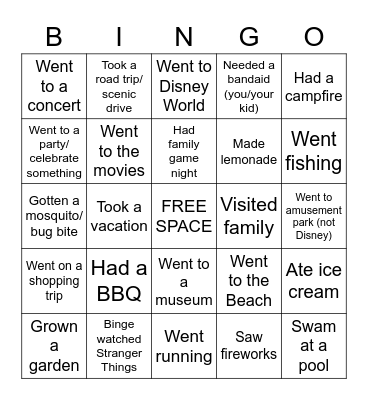 Summer Break Bucket List BINGO Card