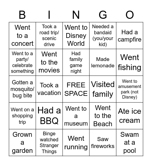 Summer Break Bucket List BINGO Card