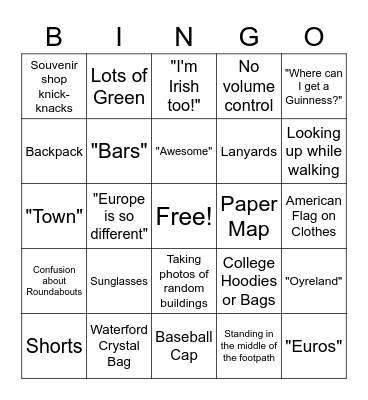 Tourist in Waterford Bingo Card
