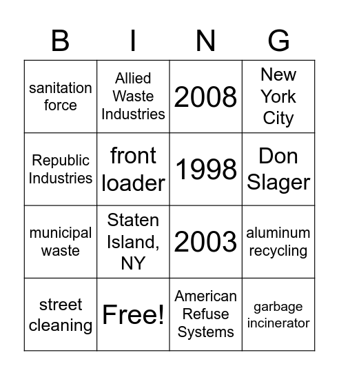 Republic Services BING Bingo Card