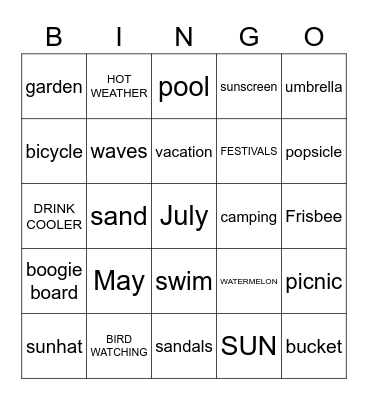 Summer Words Bingo Card