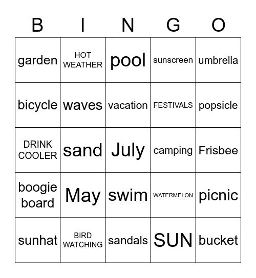 Summer Words Bingo Card