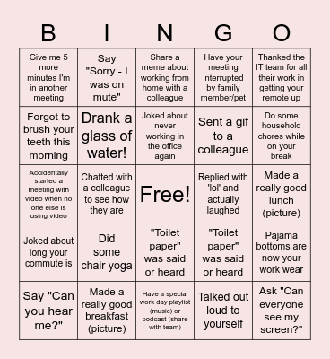 Remote Work Bingo Card