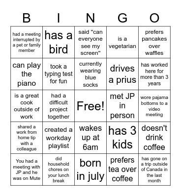 JP"s Virtual Farewell Party Bingo Card