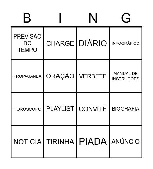 BINGO DE GÊNEROS TEXTUAIS Bingo Card