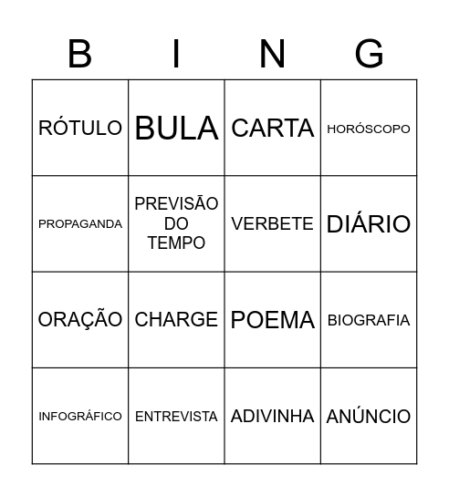 GÊNEROS TEXTUAIS Bingo Card