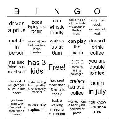 JP's Virtual Farewell Party Bingo Card