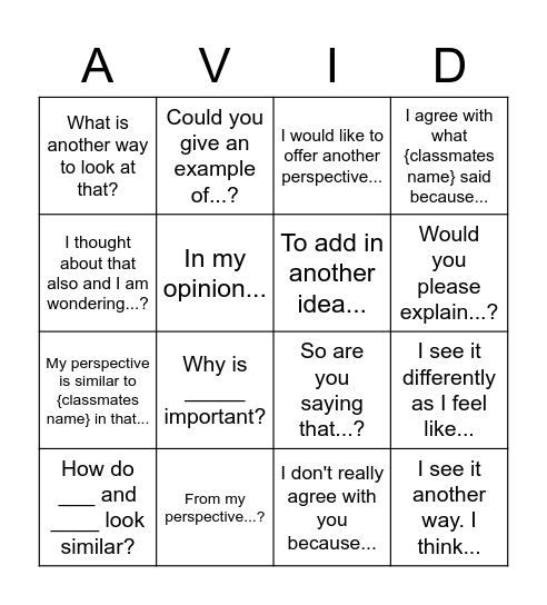 Can you model common AVID academic language? Bingo Card