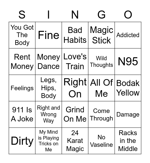 R&B/HIP HOP/RAP Bingo Card
