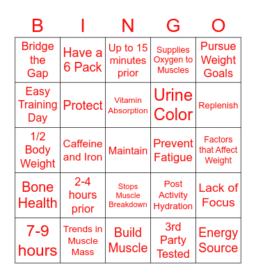 Sports Nutrition Bingo Card