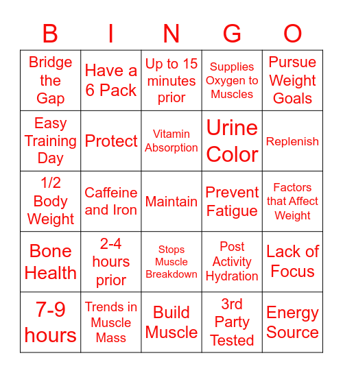 Sports Nutrition Bingo Card