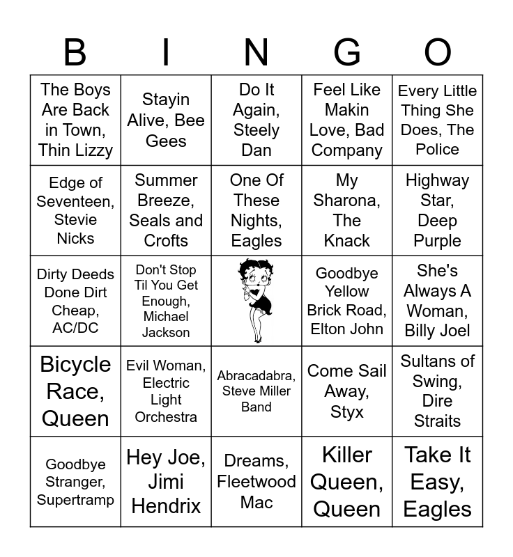 Vobingo - 70s Hits Bingo Card