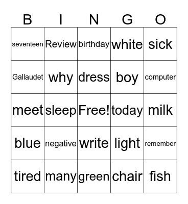 ASL 1 Bingo Card