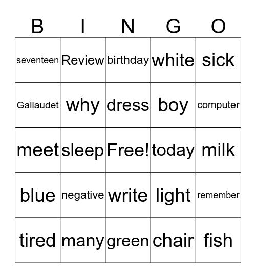 ASL 1 Bingo Card