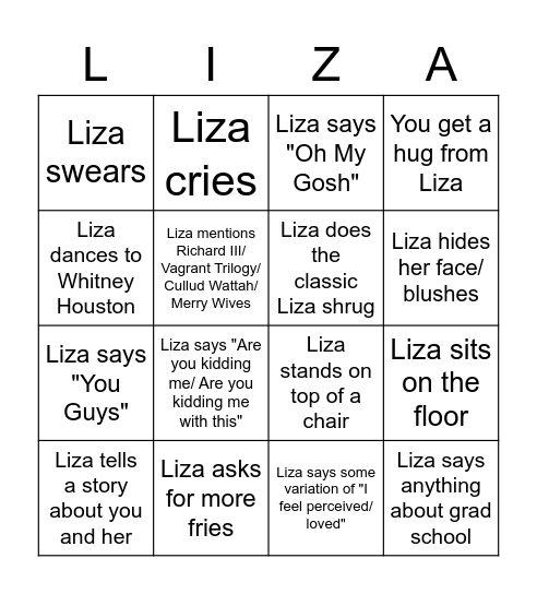 Liza Bingo Card