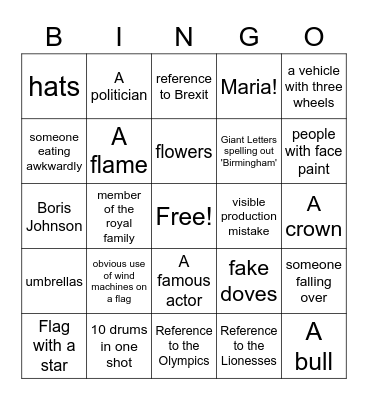 Commonwealth Games Opening Ceremony Bingo Card