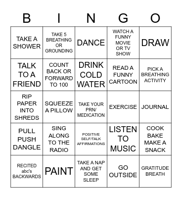 Coping Skills Bingo Card