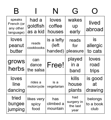 Getting to Know You! Bingo Card