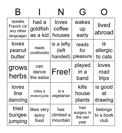 Getting to Know You! Bingo Card