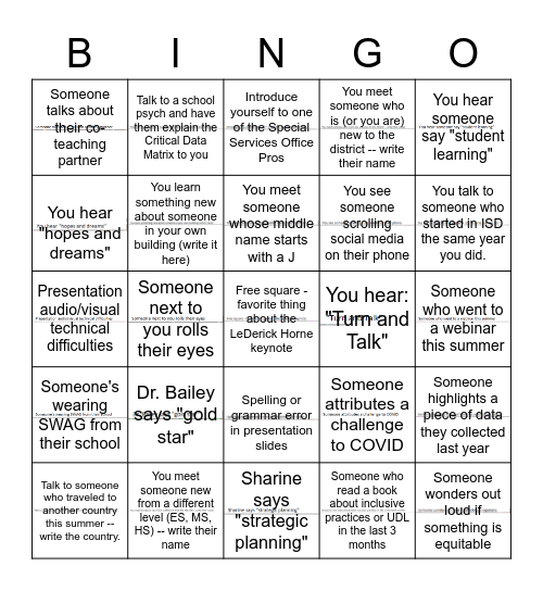 Special Services Day Bingo Card