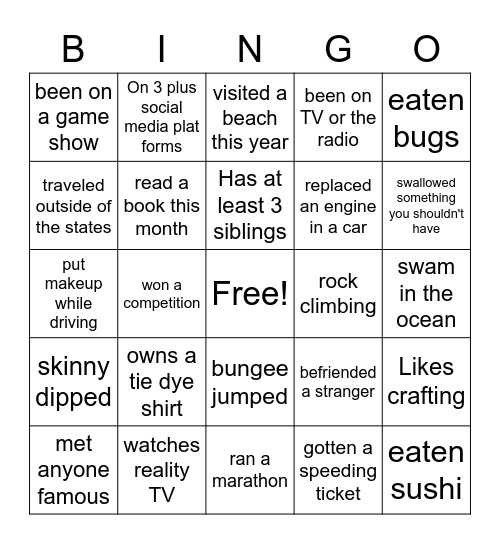 Get to know you Bingo Card